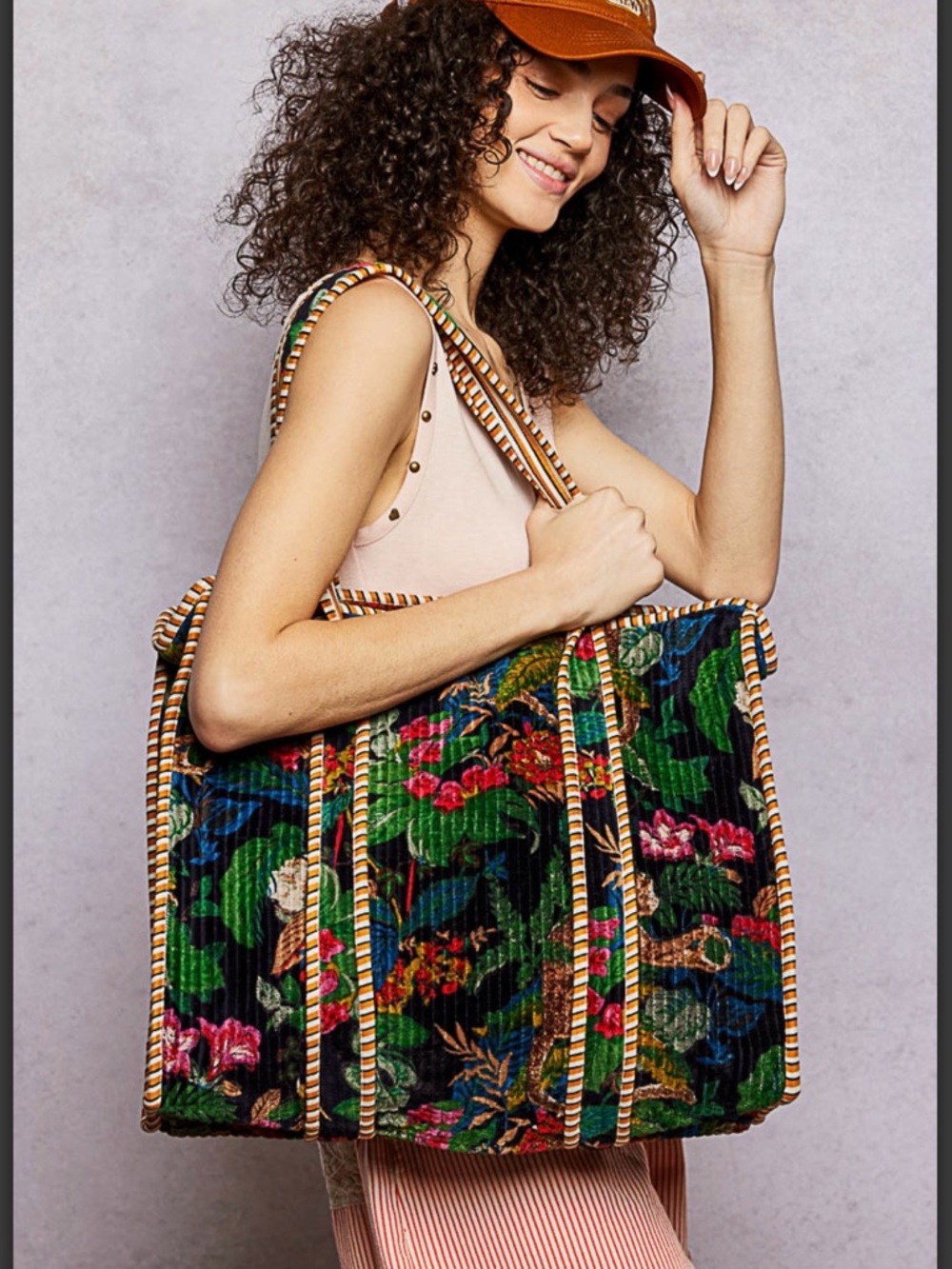 POL SMQP12 Floral Velvet Tote Bag with Striped Trim - Black Multi - Picture 2 of 10
